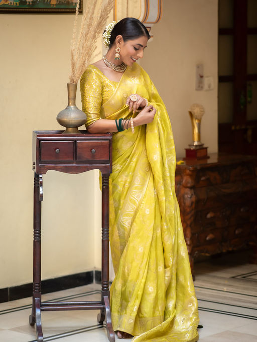 Exemplary Yellow Soft Silk Saree With Sensational Blouse Piece