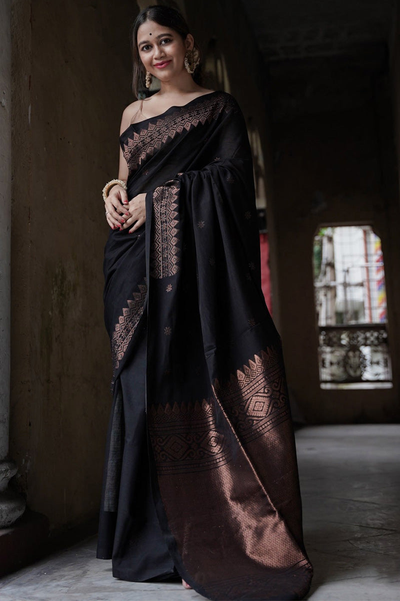 Precious Black Soft Silk Saree With Staring Blouse Piece
