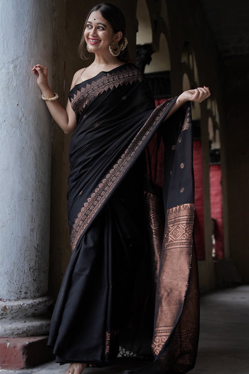 Precious Black Soft Silk Saree With Staring Blouse Piece