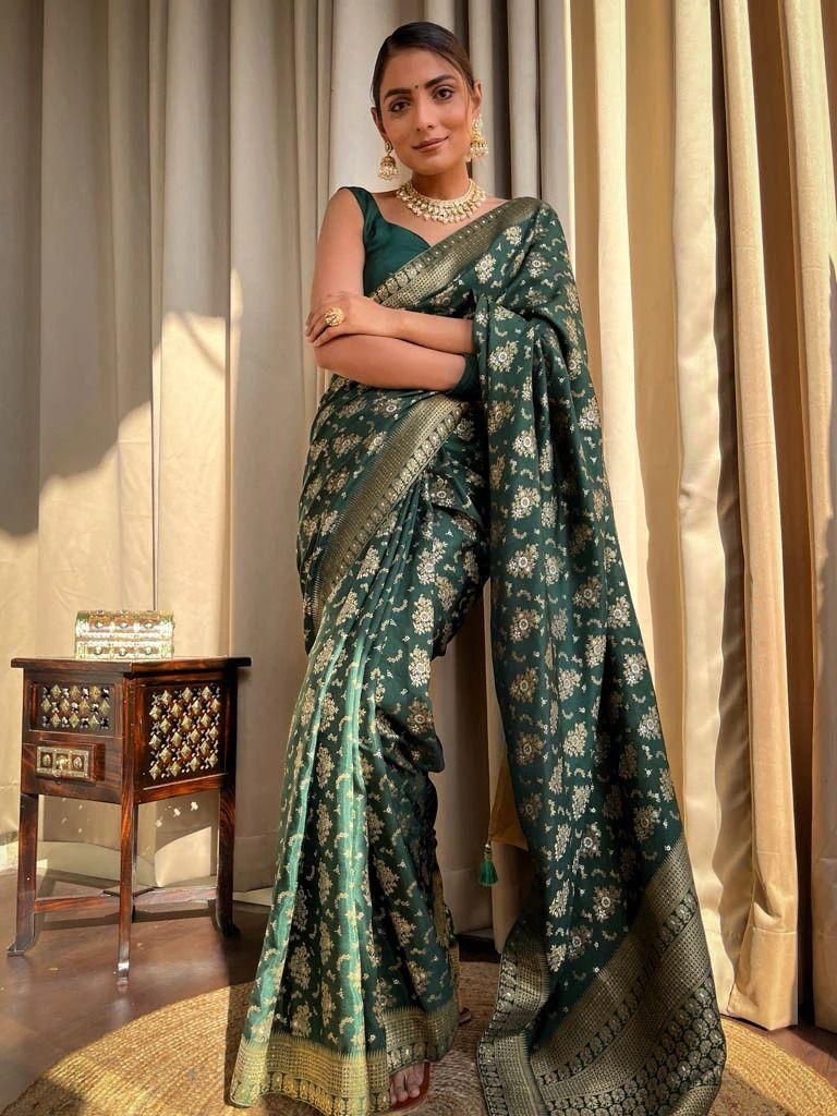 Whimsical Dark Green Soft Silk Saree With Winsome Blouse Piece