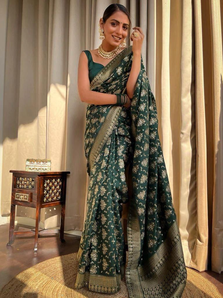 Whimsical Dark Green Soft Silk Saree With Winsome Blouse Piece