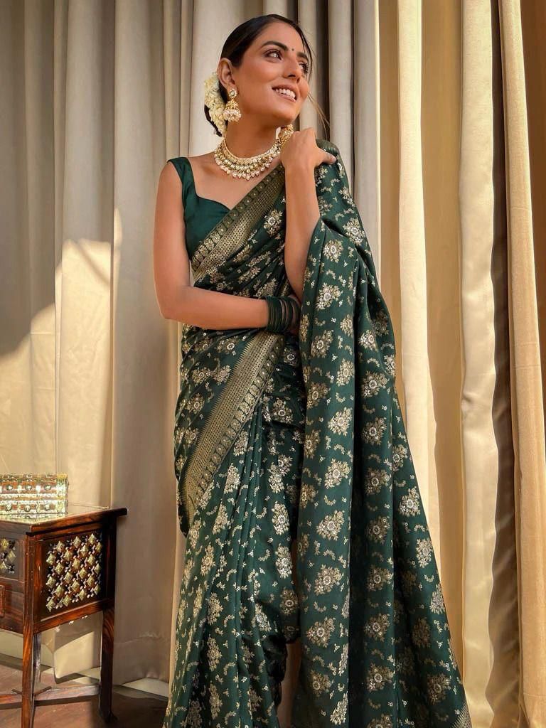 Whimsical Dark Green Soft Silk Saree With Winsome Blouse Piece