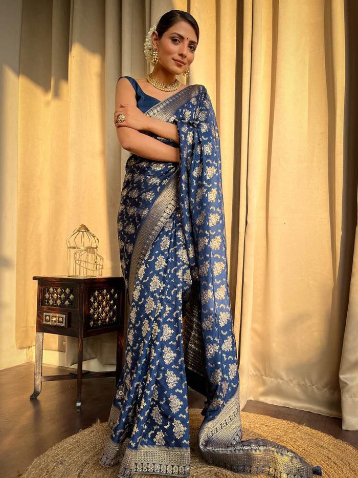 Charismatic Navy Blue Soft Silk Saree With Radiant Blouse Piece