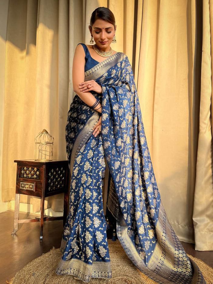 Charismatic Navy Blue Soft Silk Saree With Radiant Blouse Piece