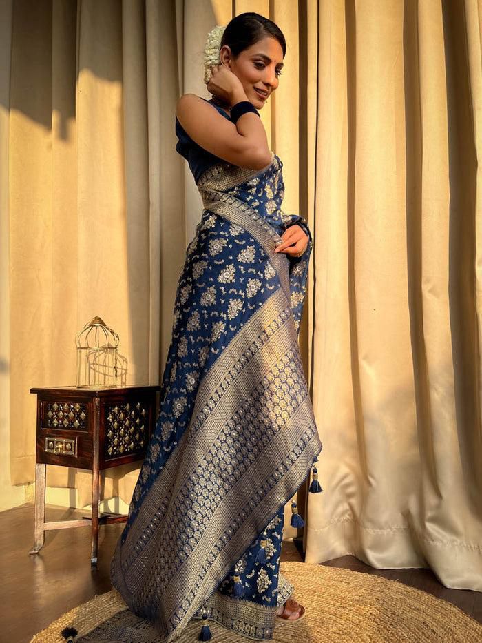Charismatic Navy Blue Soft Silk Saree With Radiant Blouse Piece