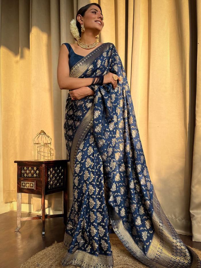 Charismatic Navy Blue Soft Silk Saree With Radiant Blouse Piece