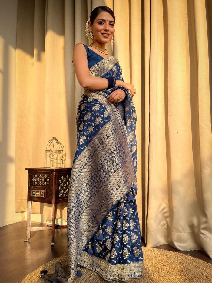 Charismatic Navy Blue Soft Silk Saree With Radiant Blouse Piece