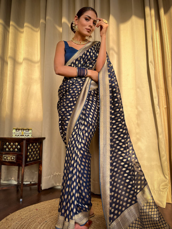 Supernal Navy Blue Soft Banarasi Silk Saree With Flamboyant Blouse