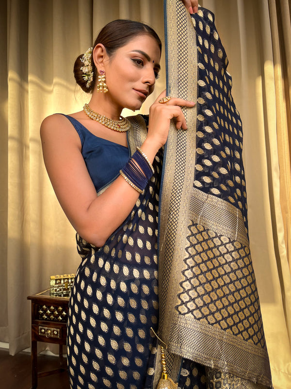 Supernal Navy Blue Soft Banarasi Silk Saree With Flamboyant Blouse