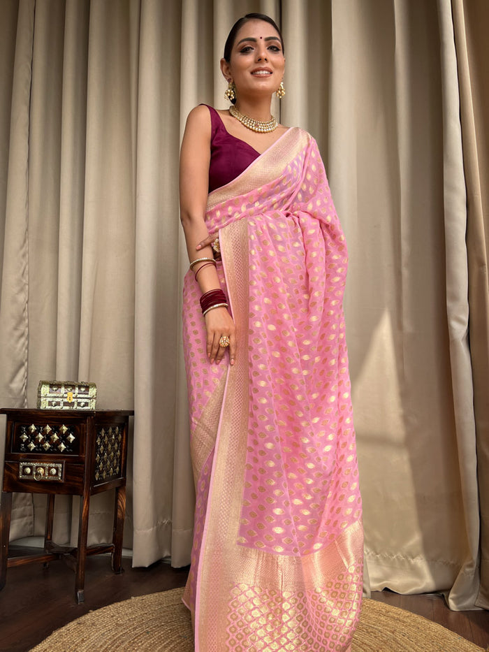 Prodigal Pink Soft Banarasi Silk Saree With Admirable Blouse