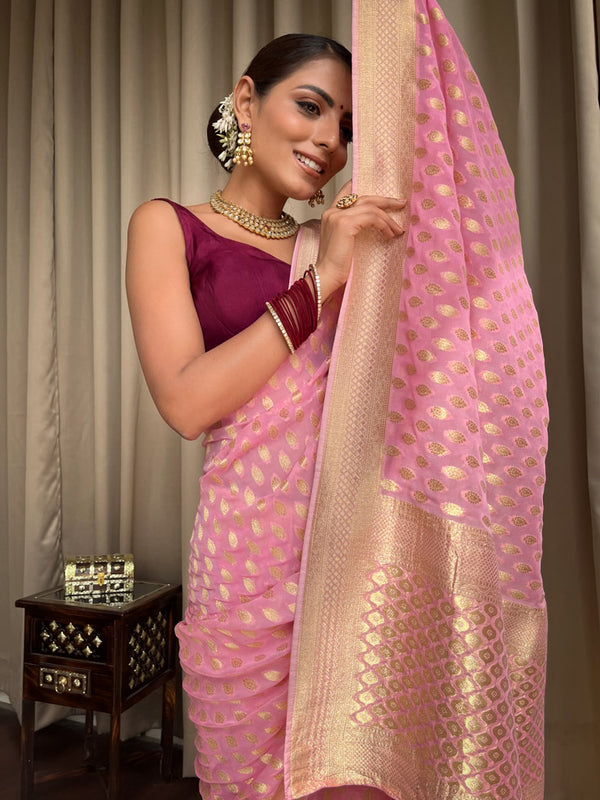 Prodigal Pink Soft Banarasi Silk Saree With Admirable Blouse