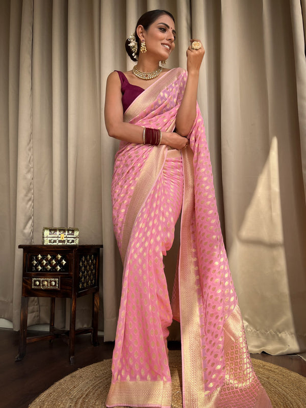 Prodigal Pink Soft Banarasi Silk Saree With Admirable Blouse