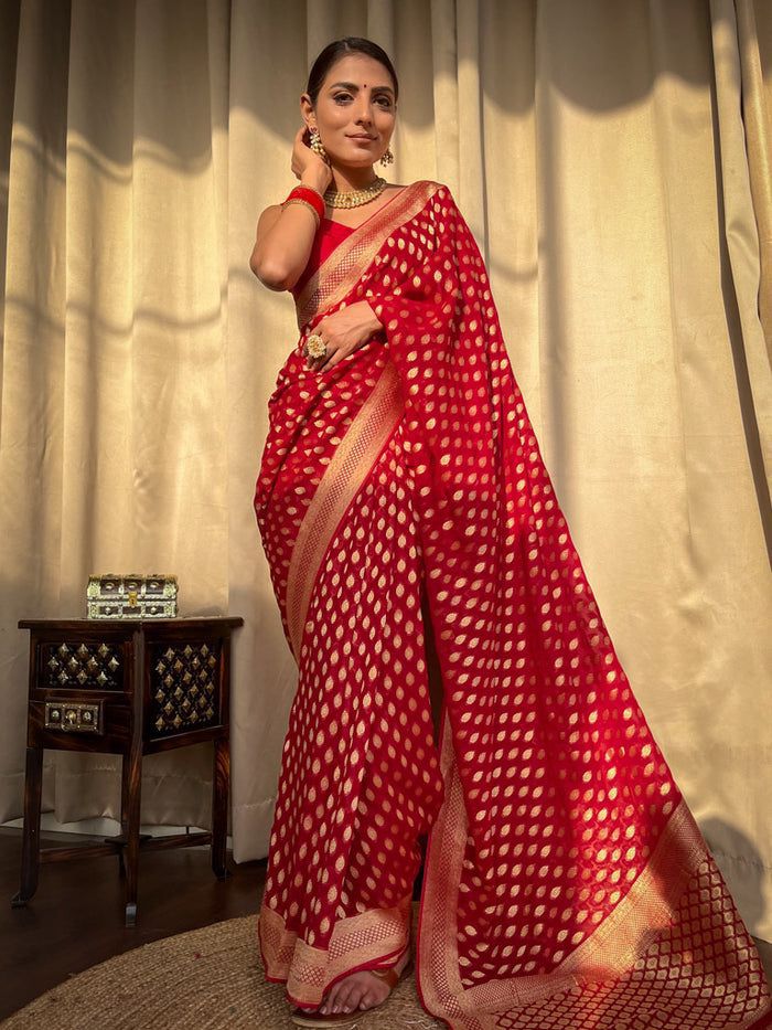 Improbable Red Soft Banarasi Silk Saree With Dalliance Blouse