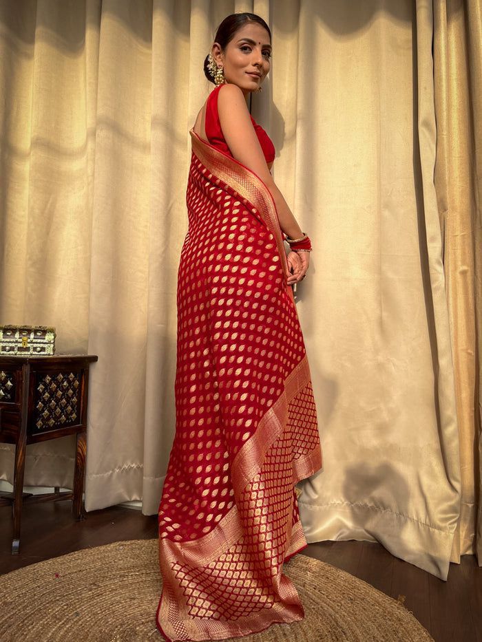 Improbable Red Soft Banarasi Silk Saree With Dalliance Blouse