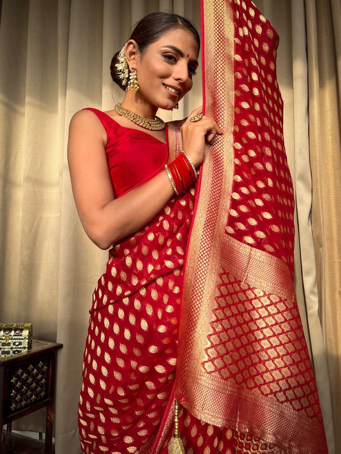 Improbable Red Soft Banarasi Silk Saree With Dalliance Blouse