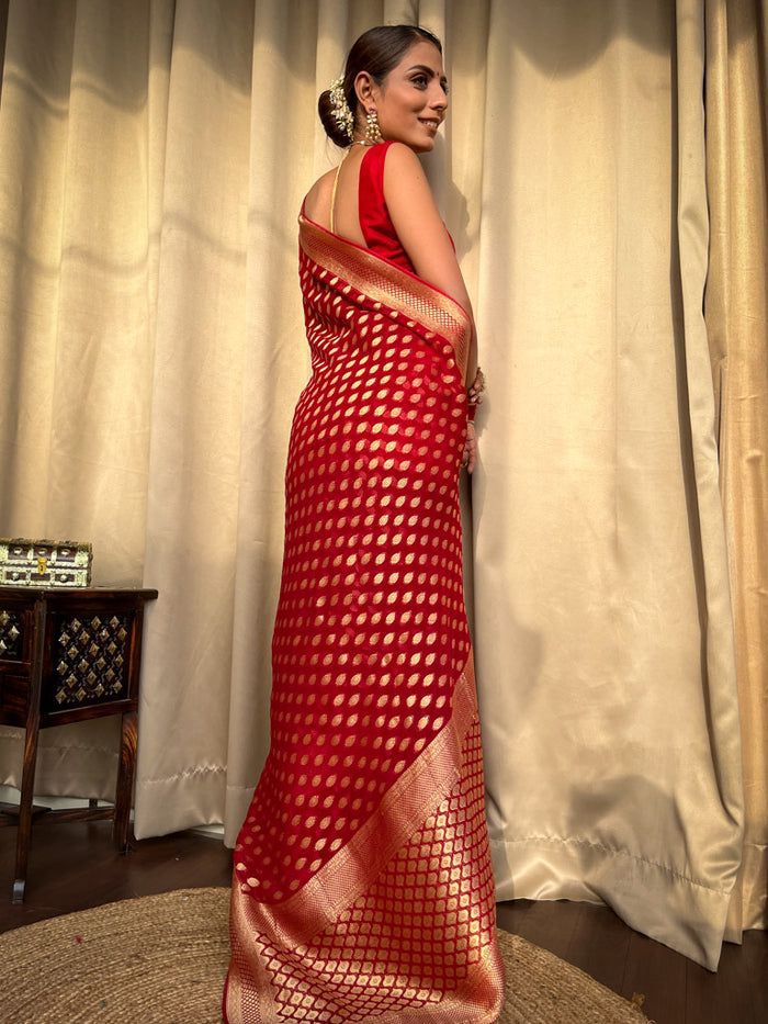 Improbable Red Soft Banarasi Silk Saree With Dalliance Blouse