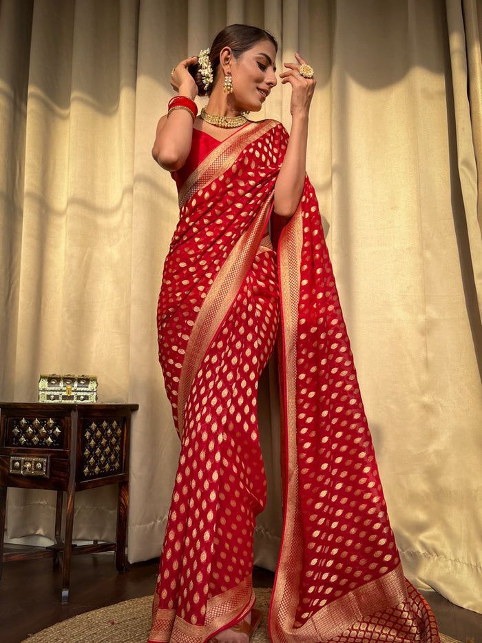 Improbable Red Soft Banarasi Silk Saree With Dalliance Blouse