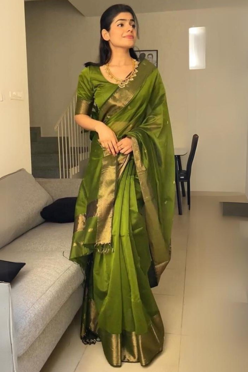 Muddy Green Maheshawari Cotton Silk Saree