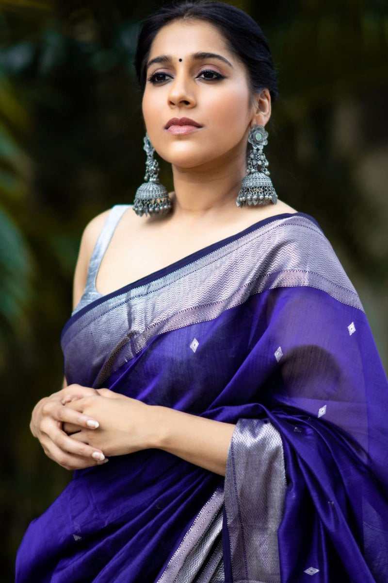 Palimpsest Royal Blue Soft Silk Saree With Ephemeral Blouse Piece