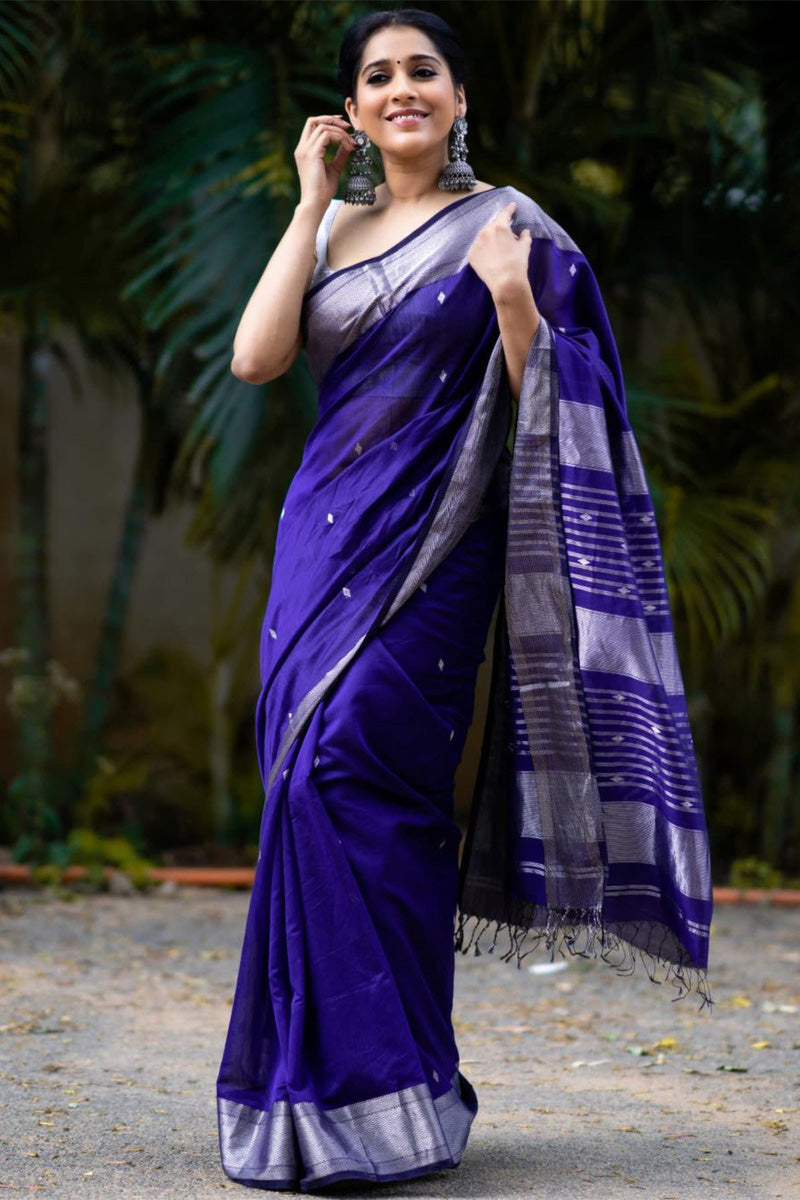 Palimpsest Royal Blue Soft Silk Saree With Ephemeral Blouse Piece
