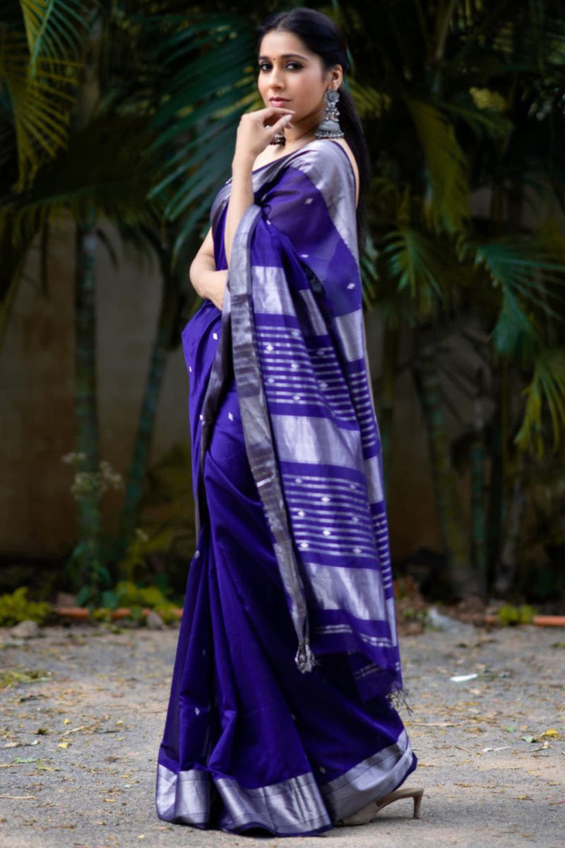 Palimpsest Royal Blue Soft Silk Saree With Ephemeral Blouse Piece
