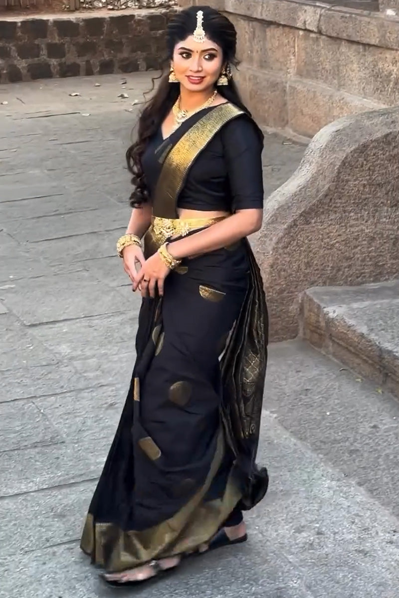 Panoply Black Soft Silk Saree With Demure Blouse Piece