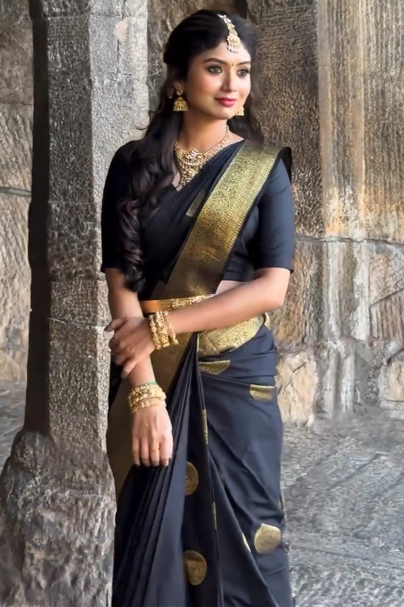 Panoply Black Soft Silk Saree With Demure Blouse Piece