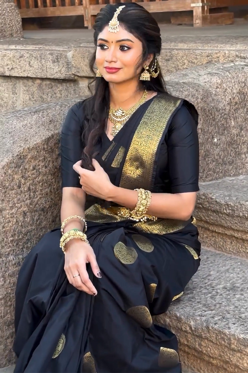 Panoply Black Soft Silk Saree With Demure Blouse Piece