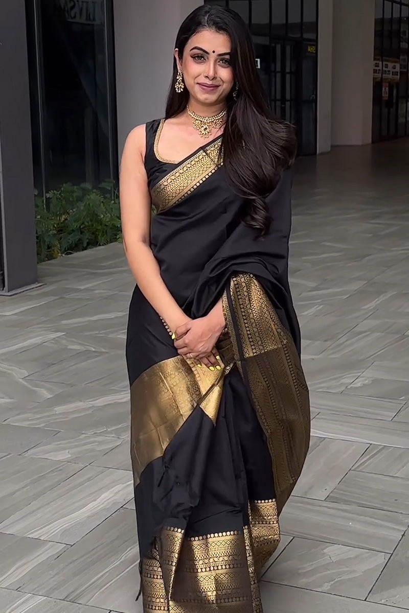 Nemesis Black Soft Silk Saree With Imbrication Blouse Piece