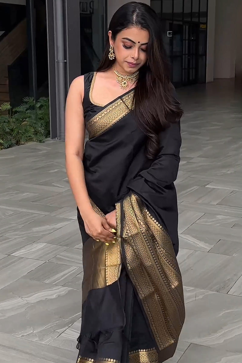 Nemesis Black Soft Silk Saree With Imbrication Blouse Piece