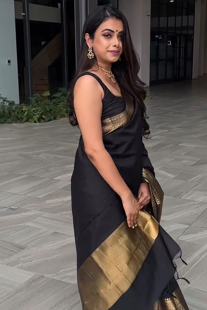 Nemesis Black Soft Silk Saree With Imbrication Blouse Piece