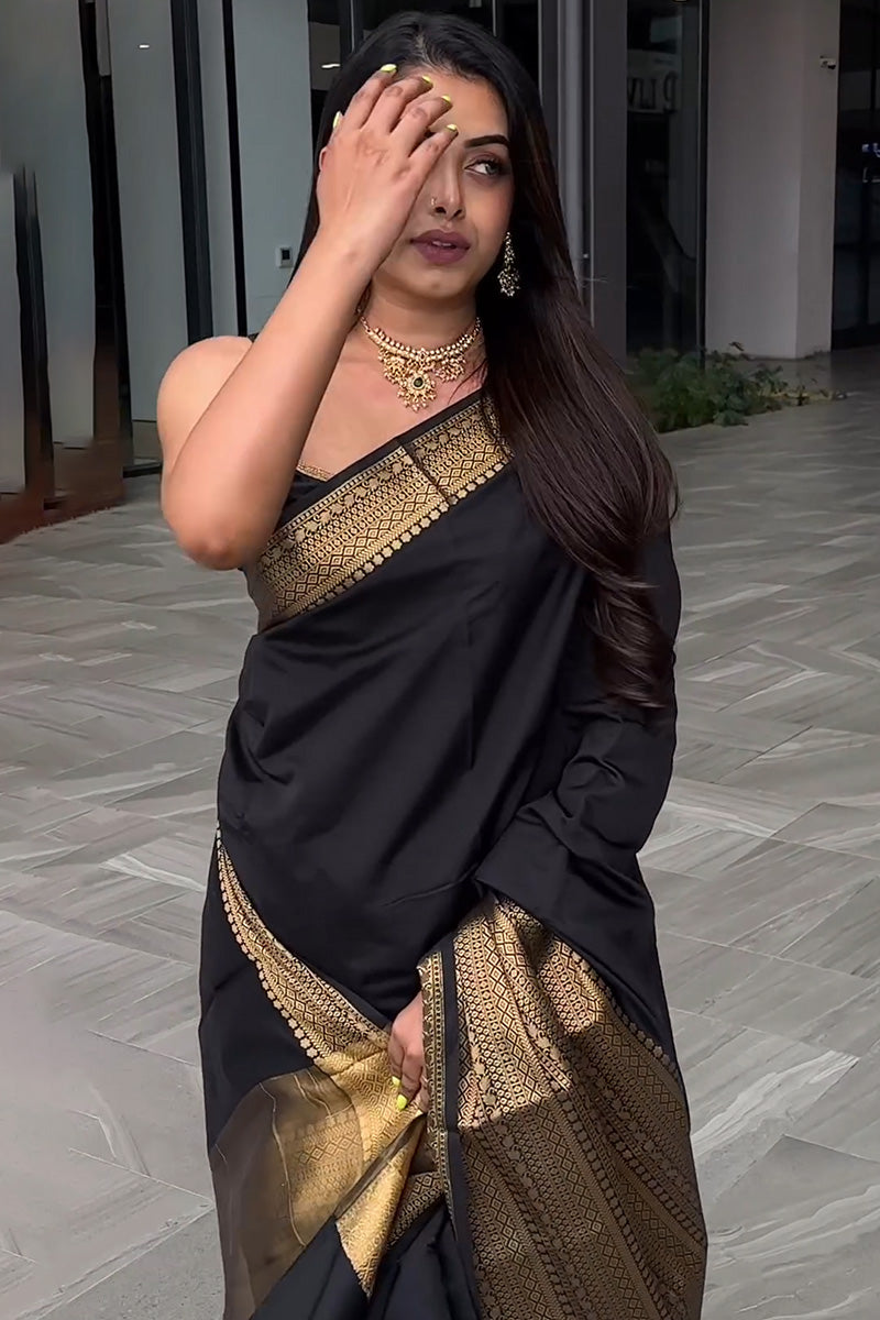 Nemesis Black Soft Silk Saree With Imbrication Blouse Piece
