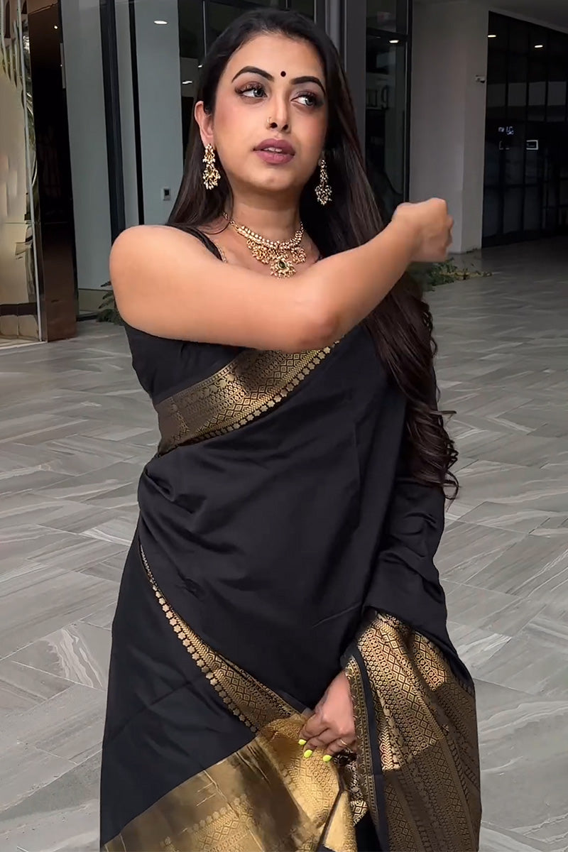 Nemesis Black Soft Silk Saree With Imbrication Blouse Piece