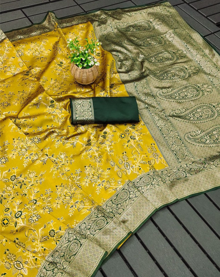 Ephemeral Yellow Soft Silk Saree With Verdant Blouse Piece