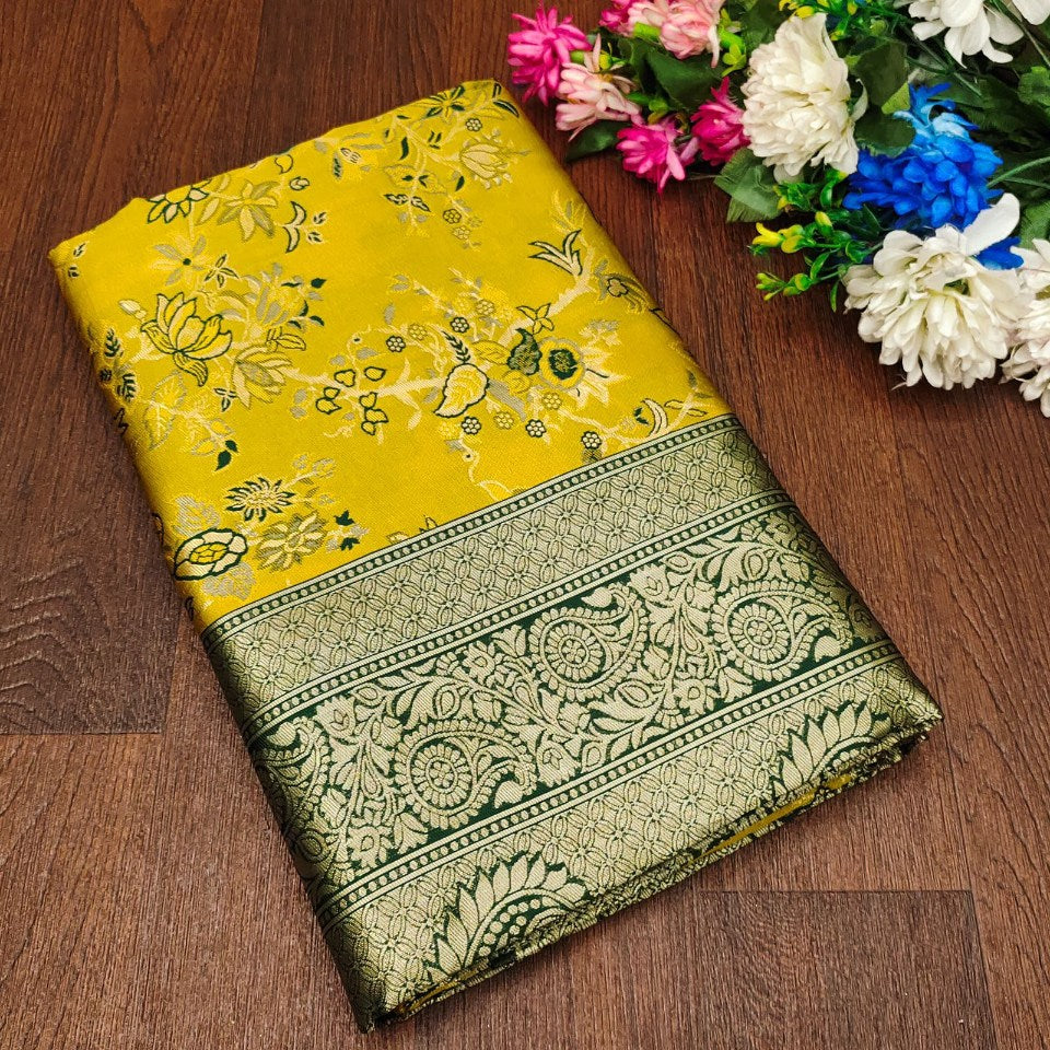 Ephemeral Yellow Soft Silk Saree With Verdant Blouse Piece