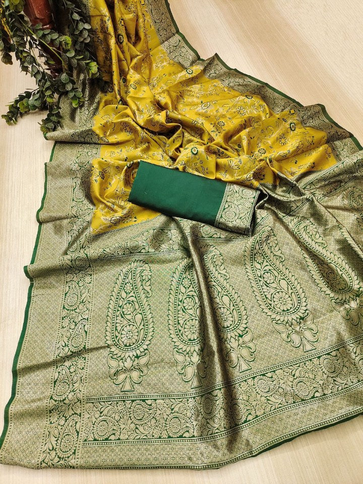 Ephemeral Yellow Soft Silk Saree With Verdant Blouse Piece