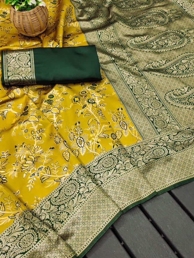 Ephemeral Yellow Soft Silk Saree With Verdant Blouse Piece