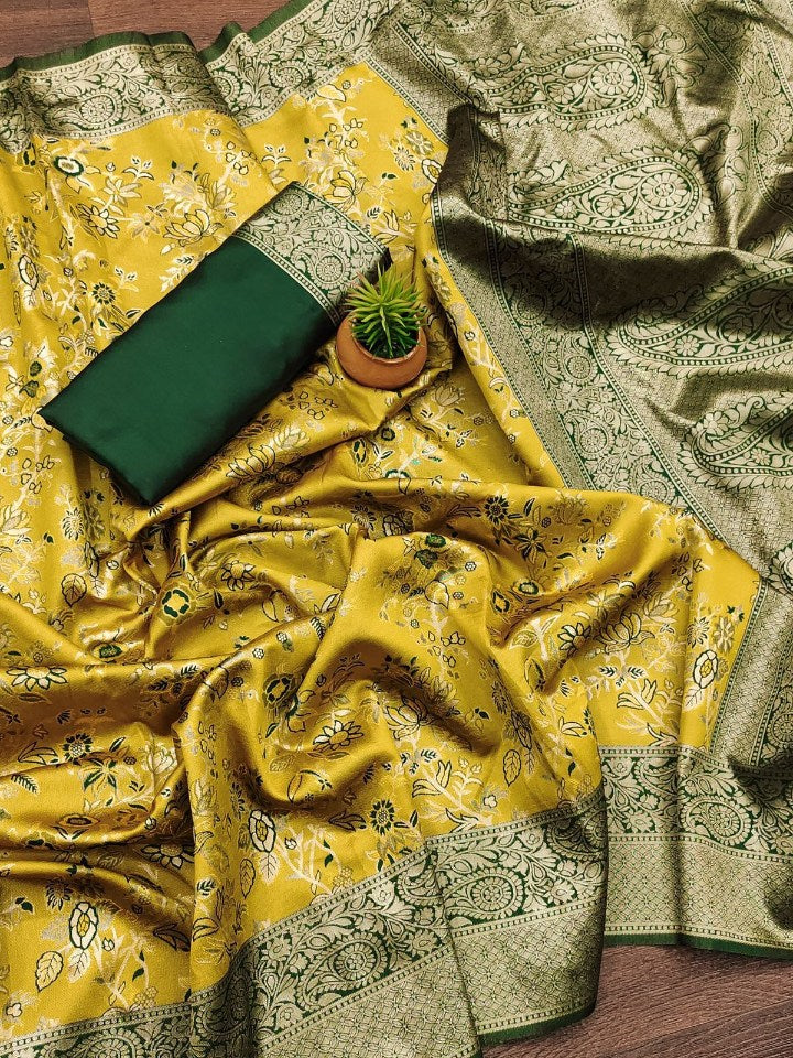 Ephemeral Yellow Soft Silk Saree With Verdant Blouse Piece