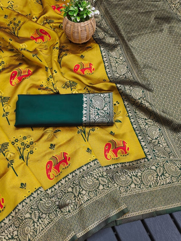 Rhapsody Yellow Soft Silk Saree With Vibrant Blouse Piece