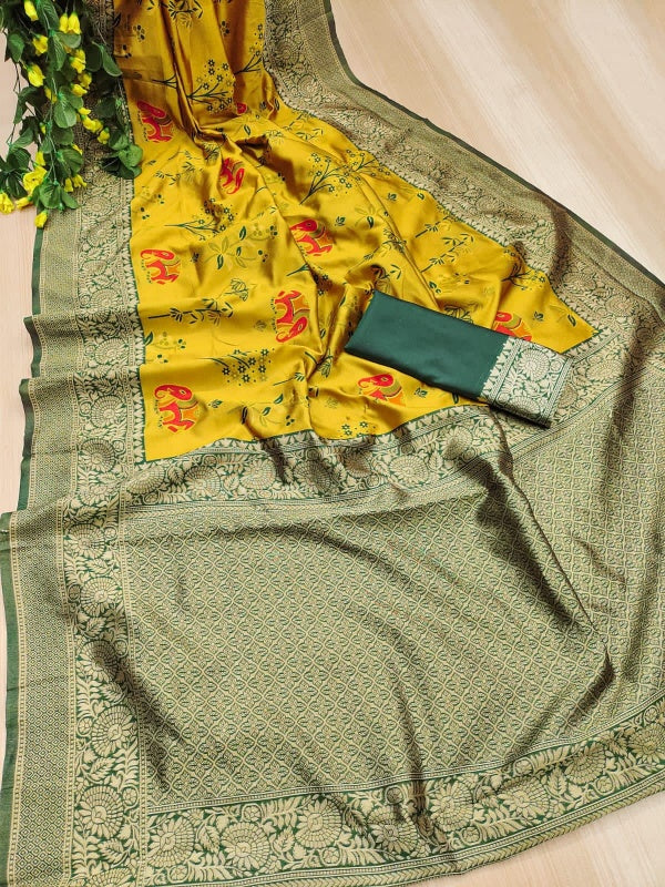 Rhapsody Yellow Soft Silk Saree With Vibrant Blouse Piece