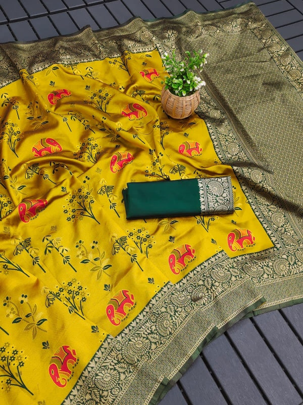 Rhapsody Yellow Soft Silk Saree With Vibrant Blouse Piece