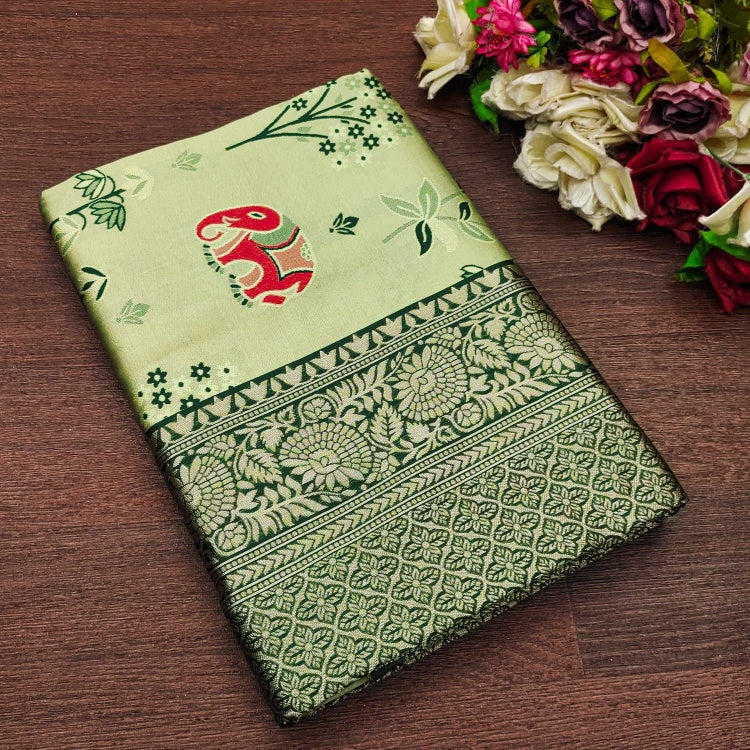 Whimsical Pista Soft Silk Saree With Enigmatic Blouse Piece