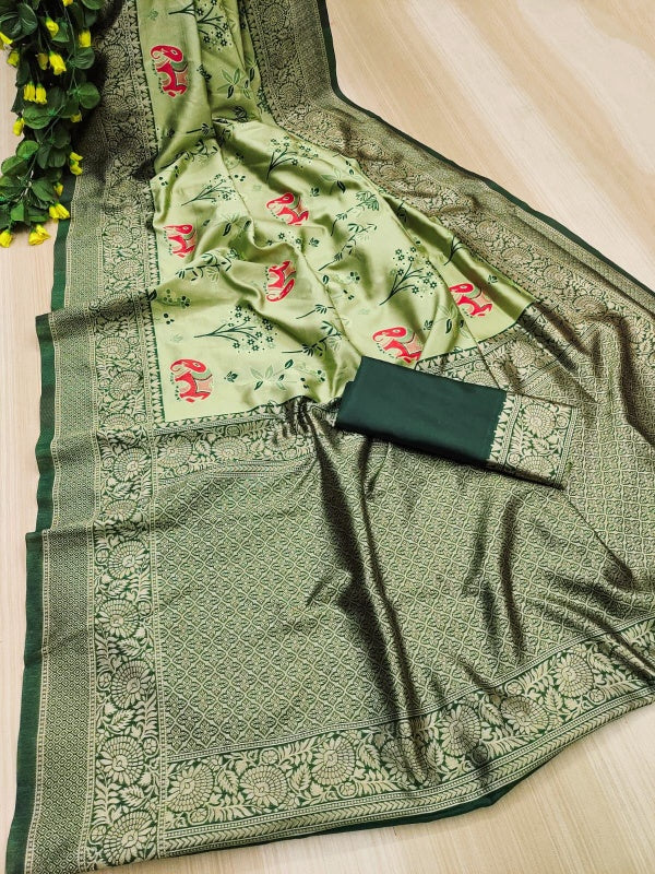 Whimsical Pista Soft Silk Saree With Enigmatic Blouse Piece