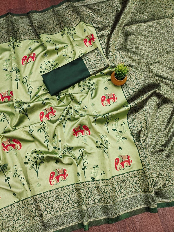 Whimsical Pista Soft Silk Saree With Enigmatic Blouse Piece