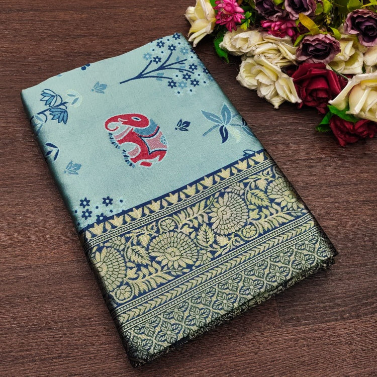 Exuberant Sky Soft Silk Saree With Symmetrical Blouse Piece