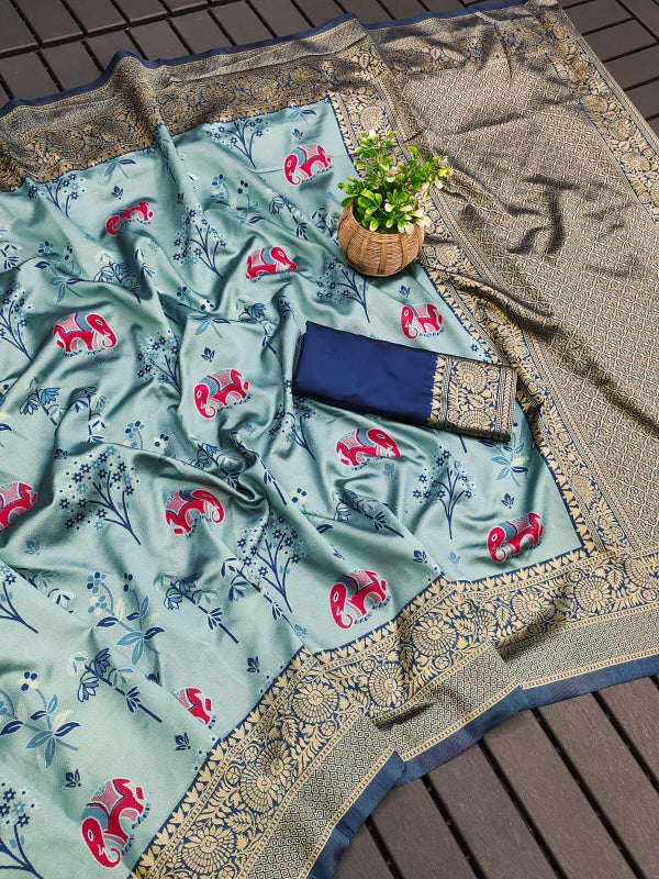 Exuberant Sky Soft Silk Saree With Symmetrical Blouse Piece