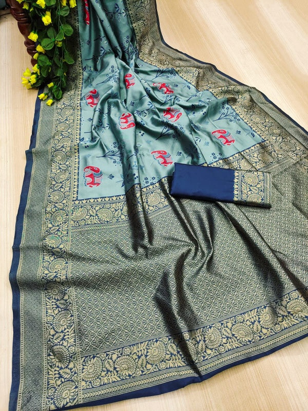 Exuberant Sky Soft Silk Saree With Symmetrical Blouse Piece