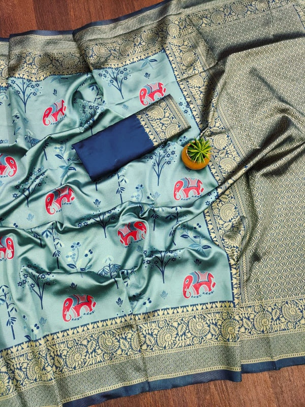 Exuberant Sky Soft Silk Saree With Symmetrical Blouse Piece