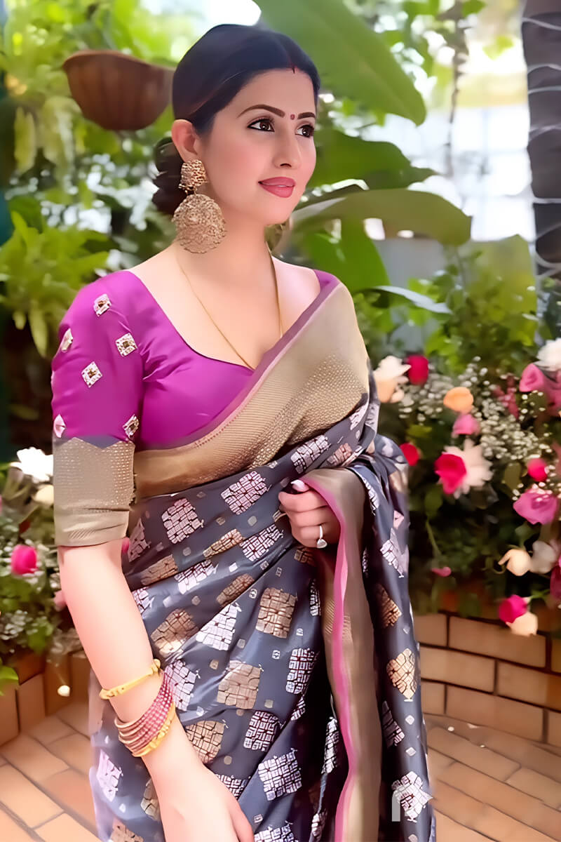 Precious Grey Soft Silk Saree With Elegant Blouse Piece