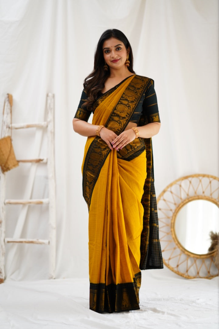 Prettiest Mustard Soft Silk Saree With Blooming Blouse Piece